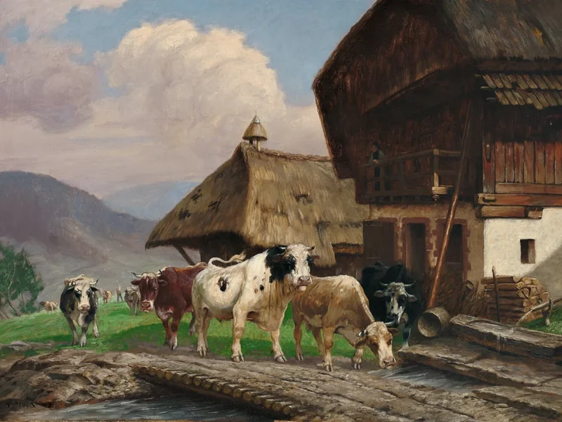 1861-Karl Friedrich Plock - Mandria di bovini in viaggio verso casa davanti alla Schwarzwaldhaus